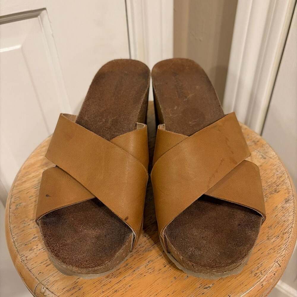 A. Giannetti Brown Leather Crisscross Platform Wedge Sandals